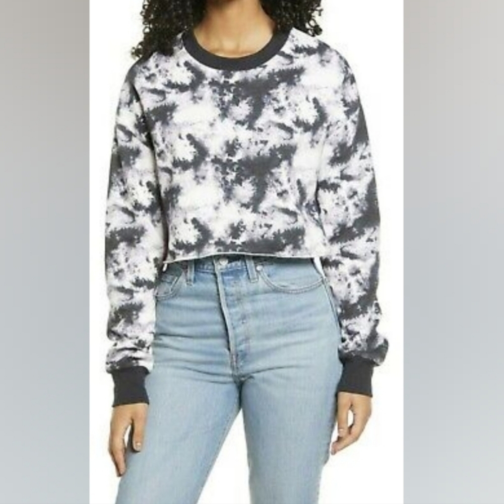 New Socialite Tie Dye Pullover Long Sleeve Crop Sweatshirt Medium Women Black